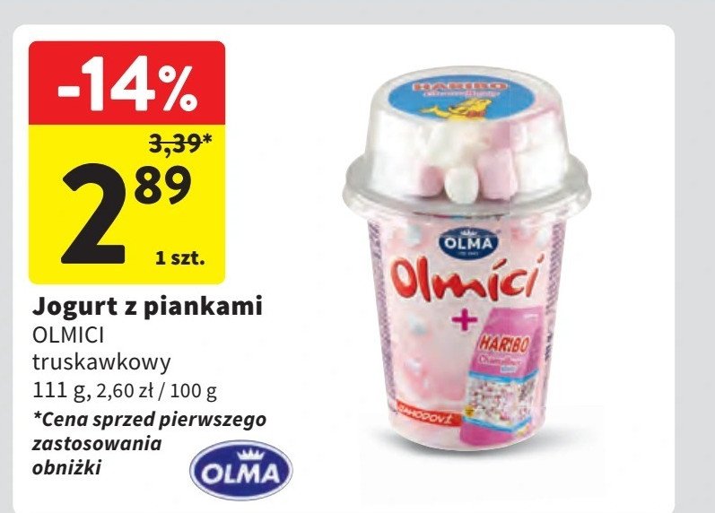 Jogurt truskawkowy z serduszkami piankowymi Olma olmici promocja w Intermarche