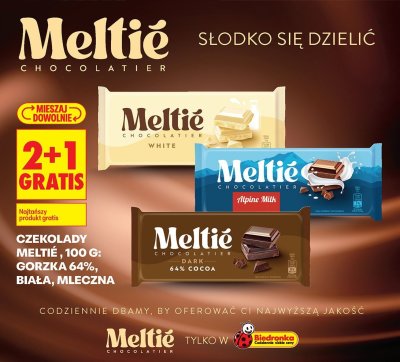 Czekolady Meltie, 100 g: gorzka 64%, biała, mleczna promocja w Biedronka
