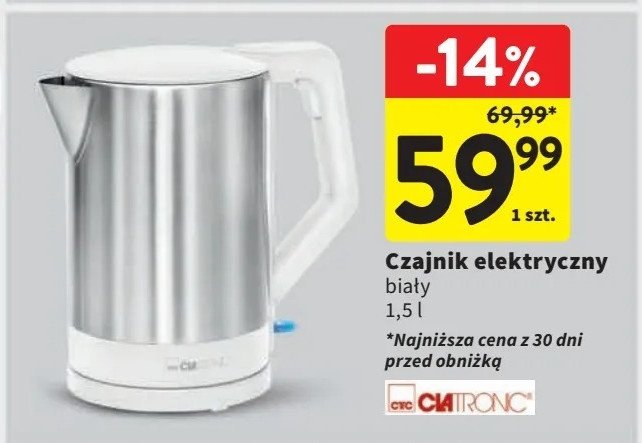 Czajnik elektryczny 1.5 l biały Clatronic promocja w Intermarche