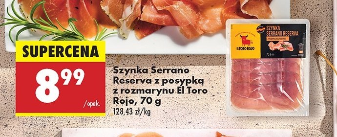 Szynka serrano reserva z posypką z rozmarynu El toro rojo promocja w Biedronka
