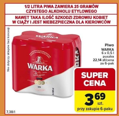 Piwo WARKA Classic 6 x 0,5l puszka promocja w Carrefour Express