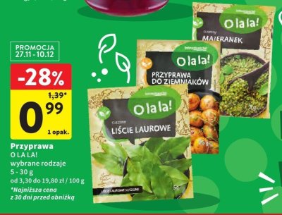 Przyprawa O LA LA! wybrane rodzaje Liście Laurowe, Kurkuma, Pasternak, Przyprava do ziemniaków promocja w Intermarche