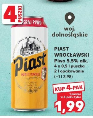 Piwo Piast Wrocławski 4 x 0,5 l puszka 2 i opakowanie promocja w Kaufland