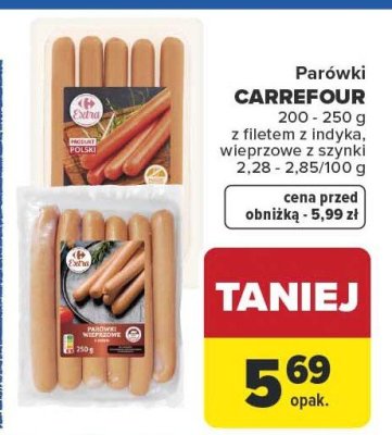 Parówki CARREFOUR 200-250g z filetem z indyka, wieprzowe z szynki promocja w Carrefour Market