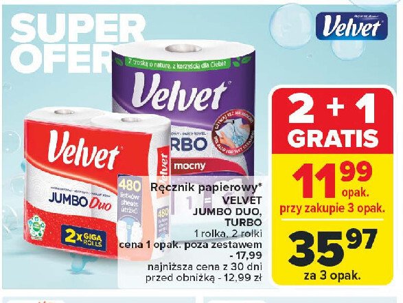 Ręcznik papierowy Velvet jumbo promocja w Carrefour