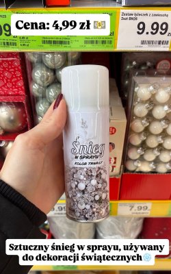 Sztuczny śnieg w sprayu, dekoracja świąteczna promocja w Dino