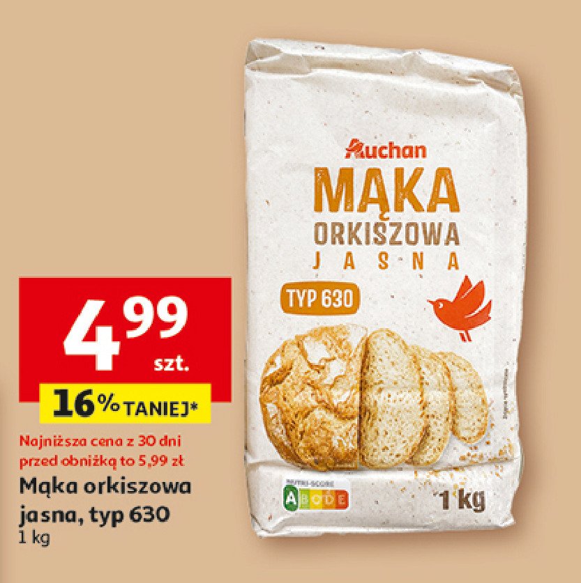 Mąka orkiszowa jasna typ 630 Auchan różnorodne (logo czerwone) promocja