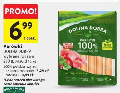 Parówki DOLINA DOBRA wybrane rodzaje 100% polskiej szynki bez konserwantów promocja w Intermarche