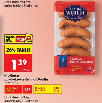 Kiełbasa parówkowa Kraina Wędlin 100 g promocja w Biedronka