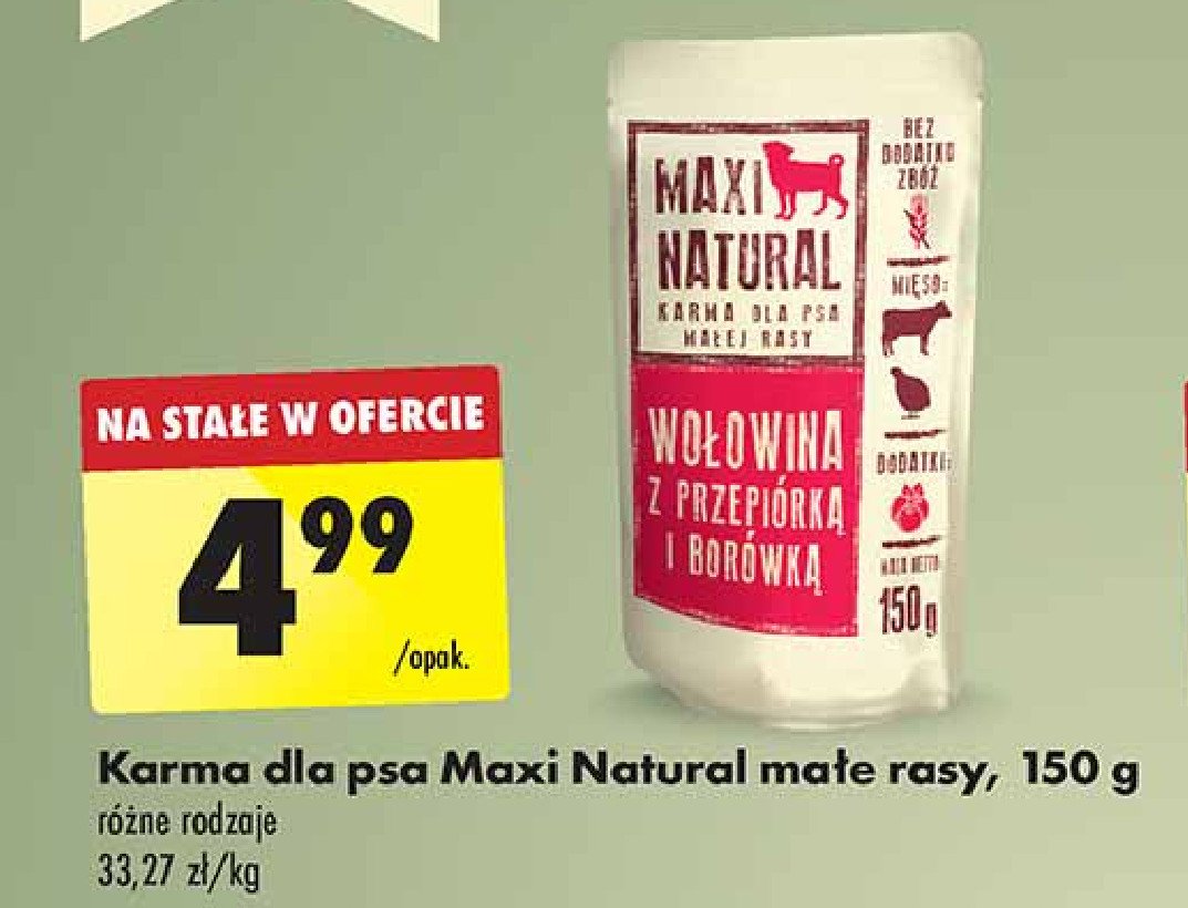 Karma dla psa małe rasy wołowina z przepiórką i borówką Maxi natural promocja