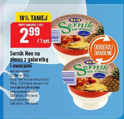 Sernik Neo na zimno z galaretką i owocami wybrane rodzaje El-Mar 180g promocja w POLOmarket