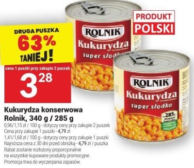 Kukurydza konserwowa Rolnik, 340 g / 285 g promocja w Twój Market