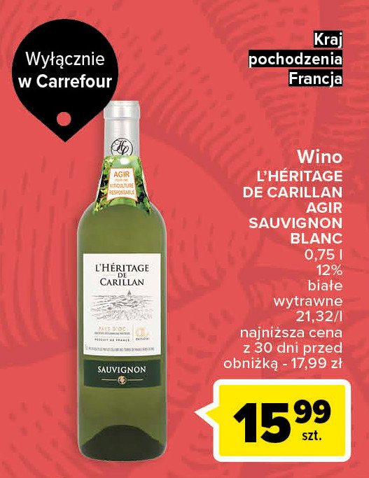 Wino L'heritage de carillan agir sauvignon blanc promocja