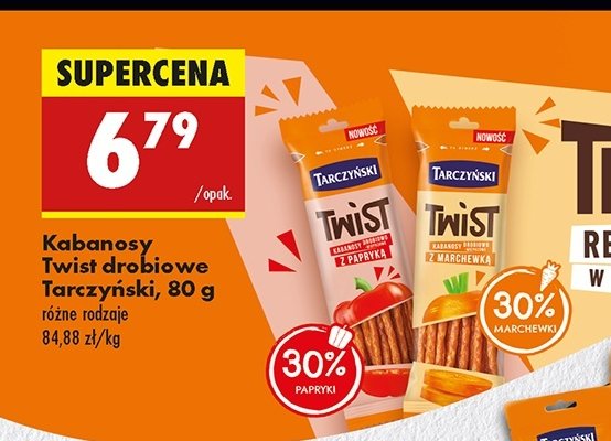 Kabanosy drobiowo- wieprzowe z marchewką Tarczyński twist promocja w Biedronka