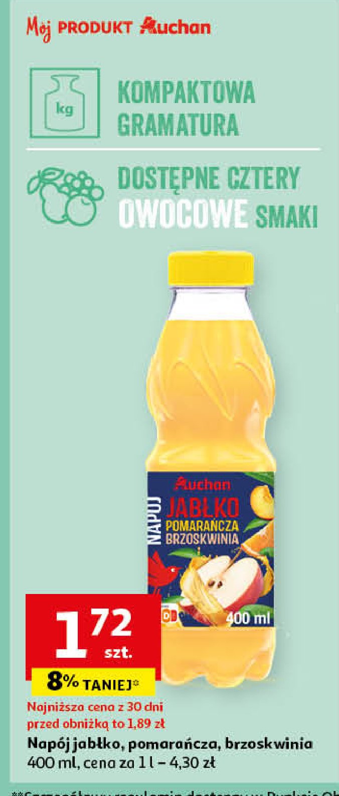 Napój jabłko-pomarańcza-brzoskwinia Auchan różnorodne (logo czerwone) promocja