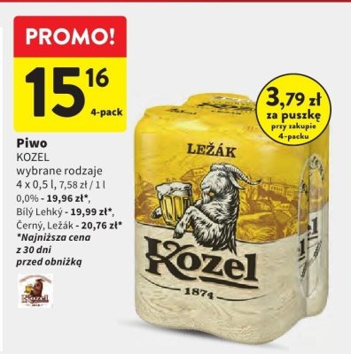 Piwo KOZEL wybrane rodzaje 4 x 0,5 l 0,0%, Biły Ležáky, Černý, Ležák promocja w Intermarche