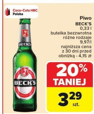 Piwo Beck's 0.33 l butelka bezwrotna różne rodzaje 9.97/l promocja w Carrefour