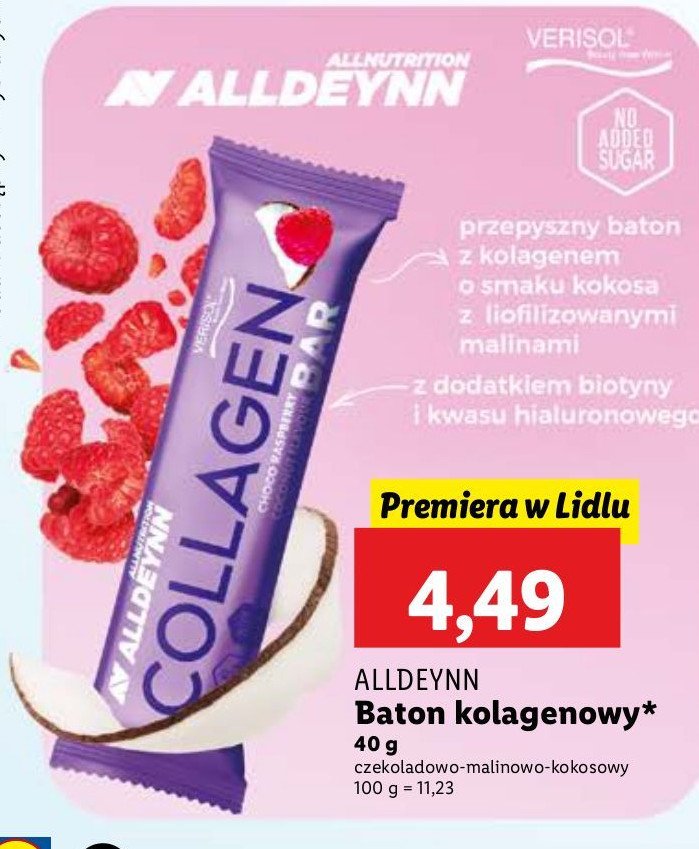 Baton kolagenowy czekolada-malina-kokos Alldeynn promocja w Lidl