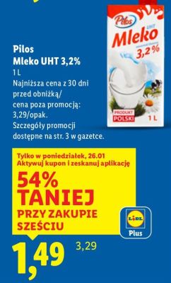 Mleko UHT 3,2% Pilos promocja w Lidl