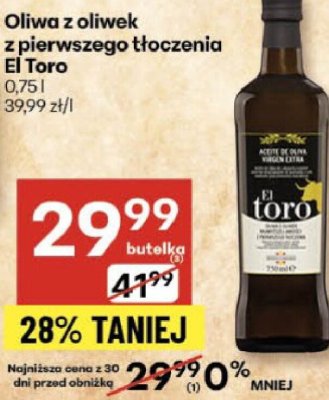 Oliwa z oliwek z pierwszego tłoczenia El Toro promocja w Delikatesy Centrum