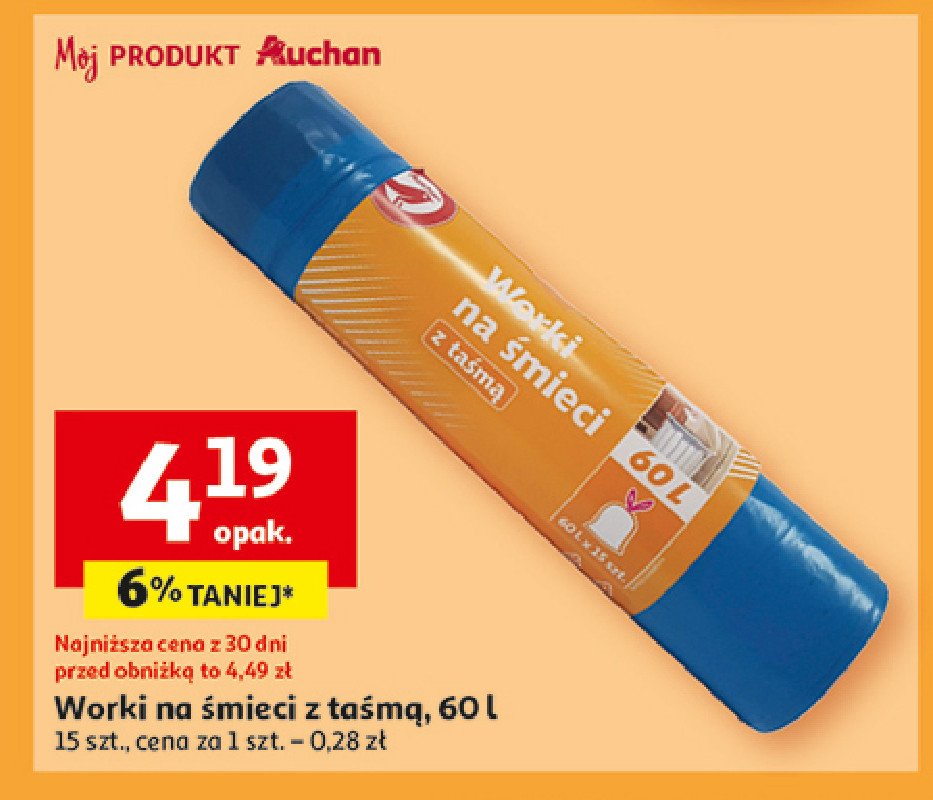 Worki na śmieci z taśmą  60 l Auchan promocja