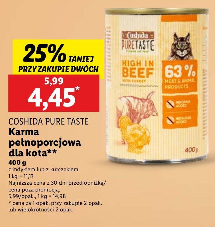 Karma dla kota wołowina i indyk Coshida pure taste promocja w Lidl
