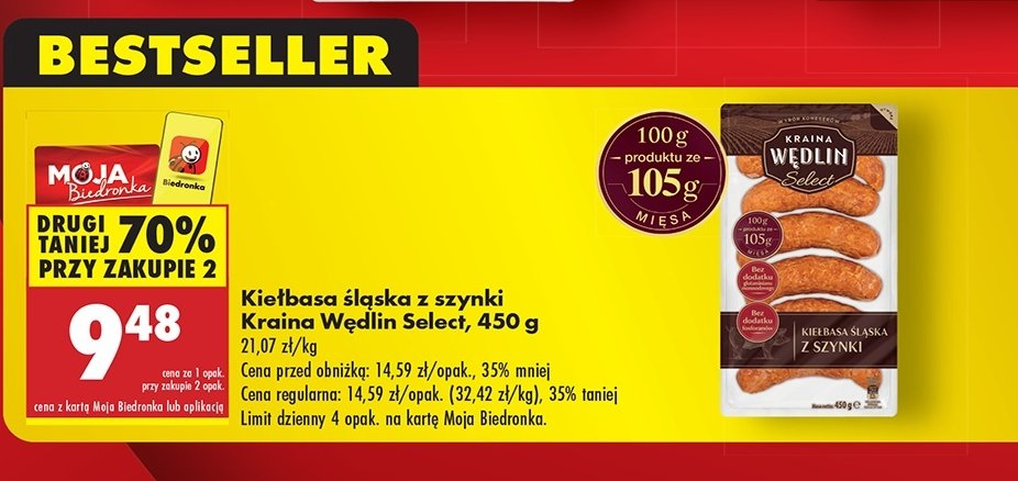 Kiełbasa śląska z szynki Kraina wędlin select promocja