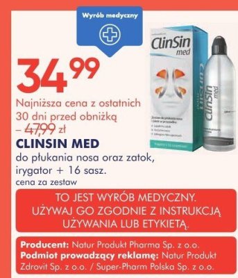 CLINSIN MED do płukania nosa oraz zatok, irygator + 16 sasz. promocja w Super-Pharm