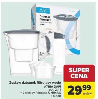 Zestaw dzbanek filtrujący wodę ATRIA 2,4 l + 2 wkłady filtrujące UNIMAX + bidon promocja w Carrefour