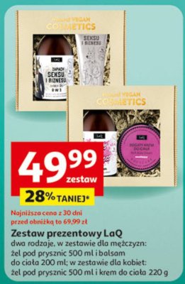 Zestaw prezentowy LaQ dwa rodzaje, w zestawie dla mężczyzn: żel pod prysznic 500 ml i balsam do ciała 200 ml; w zestawie dla kobiet: żel pod prysznic 500 ml i krem do ciała 220 g promocja w Auchan