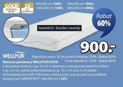 Materac piankowy WELLPUR KVITA promocja w Jysk