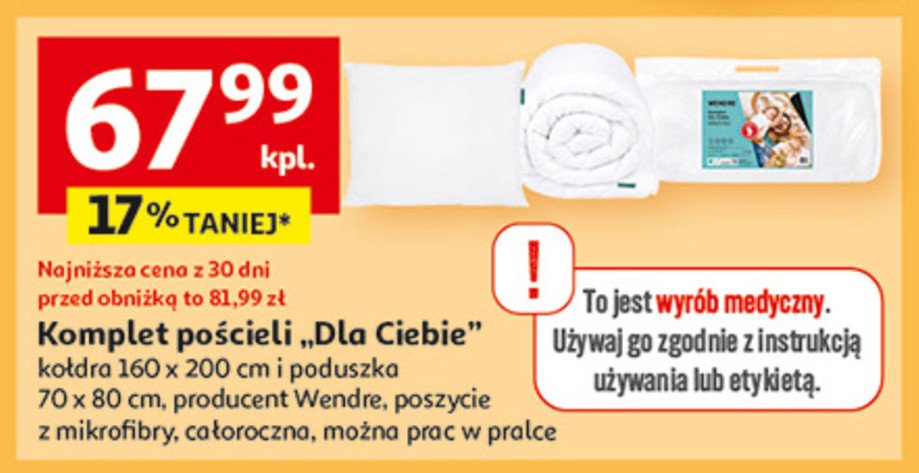 Zestaw dla ciebie: kołdra 160 x 200 cm + poduszka 70 x 80 cm Wendre promocja w Auchan
