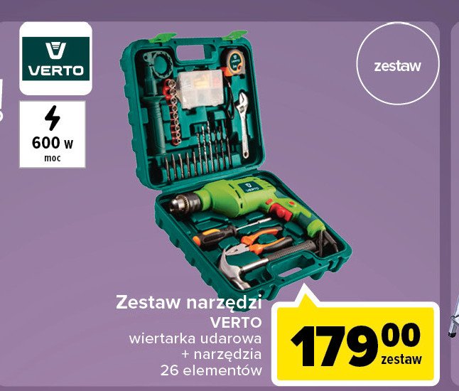 Zestaw narzędzi wiertarka udarowa + narzędzia 26 elem. Verto promocja