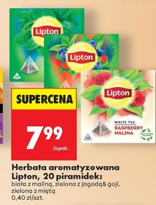 Herbata aromatyzowana Lipton, 20 piramidek biała z maliną, zielona z jagodą goji, zielona z miętą promocja w Biedronka