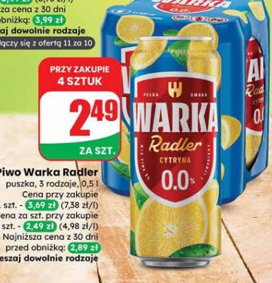 Piwo Warka Radler 3 rodzaje 0.0%  promocja w Dino