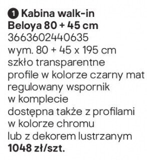 Kabina prysznicowa walk-in Beloya 80+45 cm promocja w Castorama