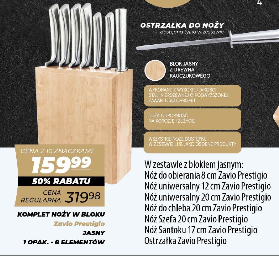 Komplet noży w drewnianym bloku kauczuk Zavio prestigio promocja
