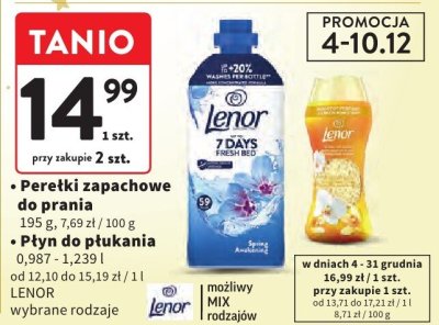 Perełki zapachowe do prania Lenor 195 g / płyn do płukania Lenor 0,987 - 1,239 l promocja w Intermarche
