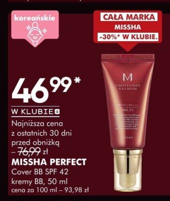 Krem BB MISSHA PERFECT Cover BB SPF 42 PA+++, 50 ml promocja w Super-Pharm