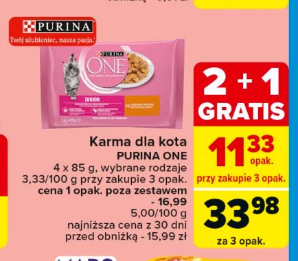 Karma dla kota junior z kurczakiem i marchewką Purina one promocja w Carrefour Market