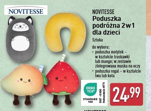 Poduszka podróżna 2w1 rogal kot Novitesse promocja w Aldi