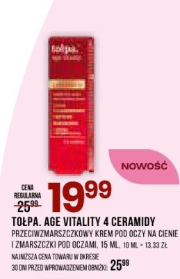 Krem Tol.pa Age Vitality 4 Ceramidy przeciwzmarszczkowy krem pod oczy na cienie i zmarszczki pod oczami promocja w Drogerie Natura