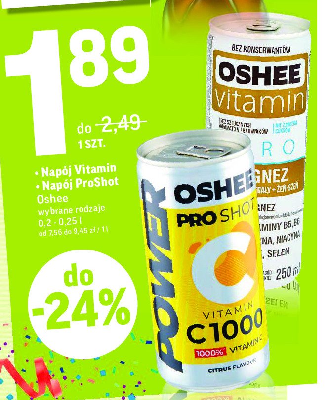 Napój energetyczny magnez + witaminy +minerały +żeń-szeń Oshee vitamin zero promocja