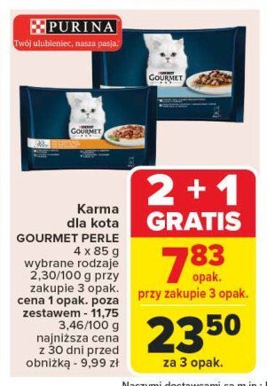 Karma dla kota fileciki w sosie z indykiem + tuńczykiem + kaczką + jagnięciną Purina gourmet perle promocja w Carrefour