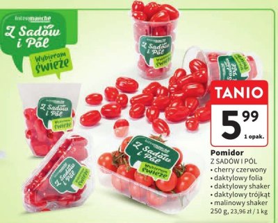 Pomidor Z SADÓW I PÓL cherry czerwony/daktylowy folia/daktylowy shaker/daktylowy trójkąt/malinowy shaker promocja w Intermarche