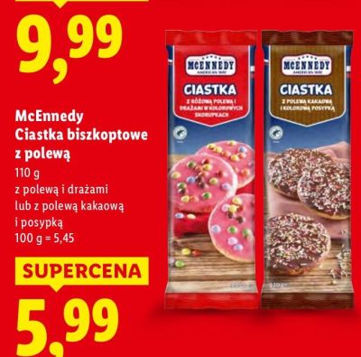 Ciastka biszkoptowe McEnnedy z polewą i drażami lub z polewą kakaową i posypką promocja w Lidl