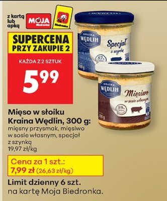 Mięso w słoiku Kraina Wędlin, 300 g: mięsny przysmak, mięsiwo w sosie własnym, specjał z szynką promocja w Biedronka