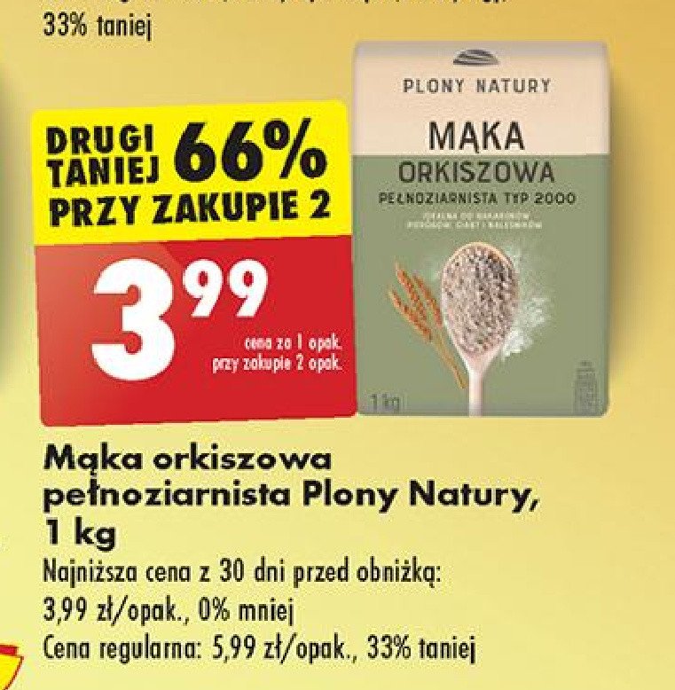 Mąka orkiszowa pełnoziarnista tym 2000 Plony natury promocja w Biedronka