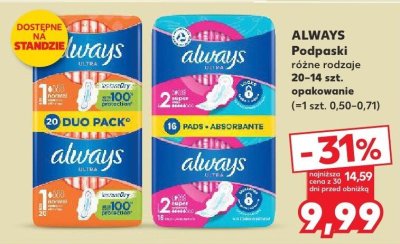 Podpaski ALWAYS różne rodzaje 20-14 szt. promocja w Kaufland