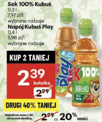 Sok Kubuś 100% jabłko 0.3l promocja w Delikatesy Centrum